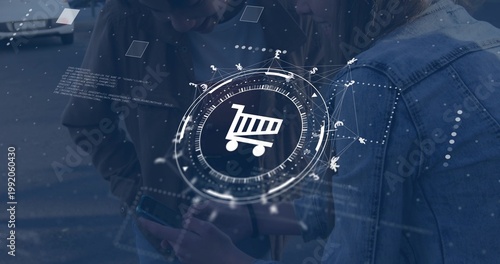 Comparing items, two teen girls holding phones near parked car, with cart HUD and denim jacket