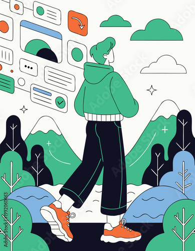 Person escapes into serene digital detox nature walk illustration