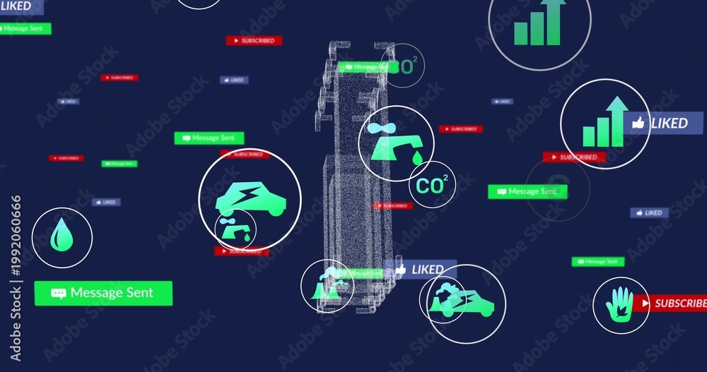 Fototapeta premium Displaying central wireframe on navy UI, visualizing metrics: car, droplet, CO2 tap, charts, badges