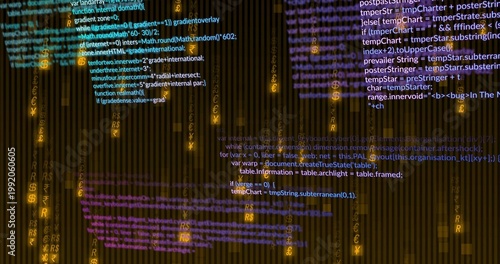 Streaming cascading monospace code across dark striped backdrop, with cyan purple text, gold glyphs