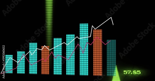 Displaying neon display showing pixel bars and lines on black, cyan and orange bars, 57