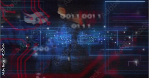 Displaying blurred facelike silhouette in cyber interface, with twin blue HUDs and red traces