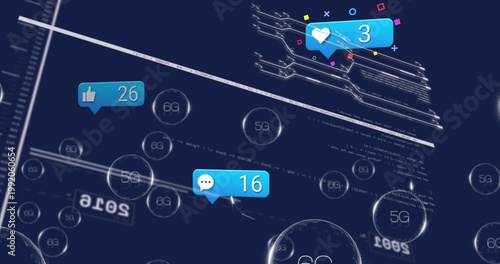 Floating three blue notification bubbles showing 26 16 3 in digital network with 5G 6G spheres