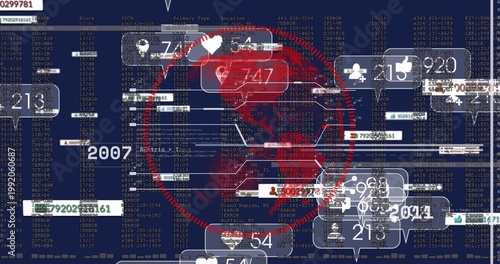 Pulsing central translucent red globe linking virtual analytics dashboard, with notification icons