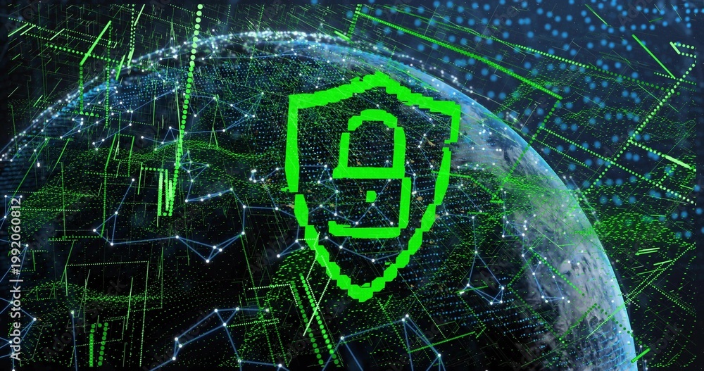 Fototapeta premium Floating neon-green shield showing numeral 9 in orbit above globe with glowing network data streams