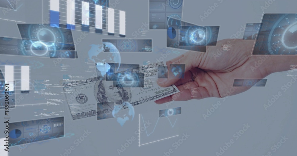 Fototapeta premium Holding US $100 bill, right hand with bare wrist offering amid studio HUD panels and graphs