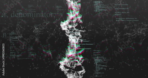 Vertical video: Code animating central filament, glitching RGB and pulsing data nodes for tech demo