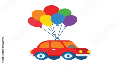 A red car carrying a bunch of colorful balloons floating upwards