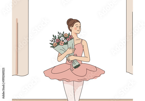 バレエ衣装を着た女性が花束を持ち、舞台の前で微笑んでいる様子。