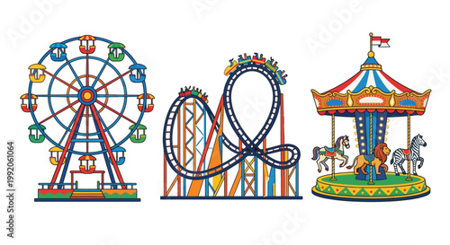 Colorful illustration featuring a ferris wheel rollercoaster and carousel