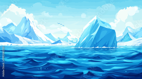 Pixelated artwork depicts an icy landscape. Mountains and icebergs are set across the water. Birds fly
