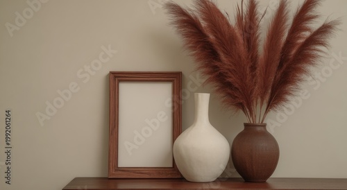 A minimalist wooden picture frame mockup sits on a white table, with pampas grass and the soft shadows of sunlight