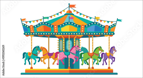 Colorful vintage carousel with horses and festive bunting decorations
