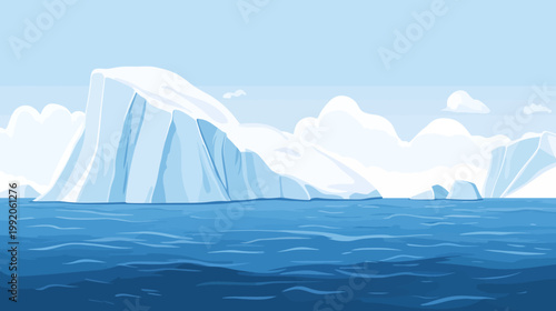 A serene illustration of an icy seascape featuring an iceberg in the ocean. Bright blue sky. Pixelated style
