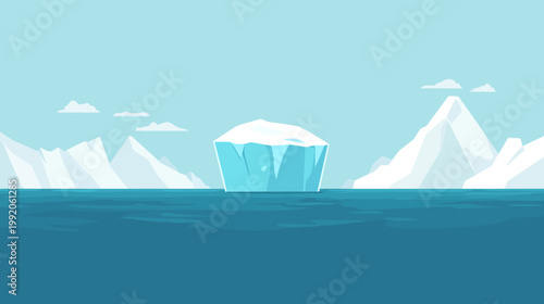 A cartoon depiction of a polar scene with an iceberg, sea, mountains, and clouds