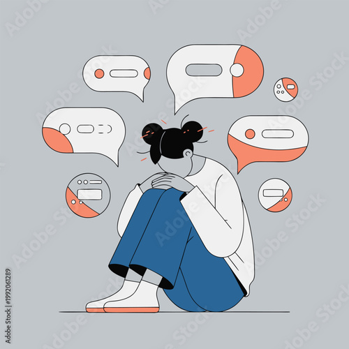 A person feels loneliness in digital world with speech bubbles around.