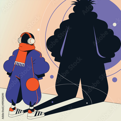 Person experiencing imposter syndrome faces large shadow concept illustration