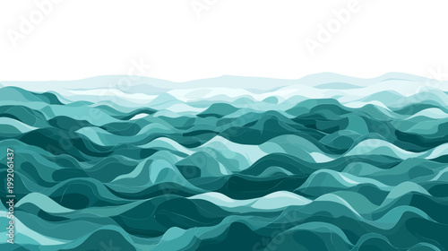 An abstract ocean illustration with layered, wave-like shapes in varying shades of teal and blue