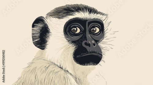 A detailed illustration of a primate's face, with expressive eyes and detailed fur
