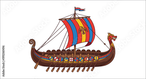 A colorful viking longship with a dragon figurehead sails the seas