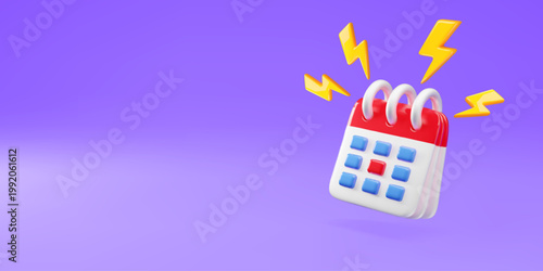 3D Calendar with flash lightnings on purple gradient background, deadline and time management, planning notification