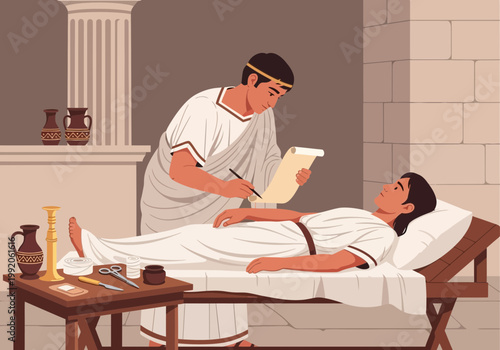 ベッドに横たわる女性に、男性が書籍を持ちながら治療や診察を行っている場面です。