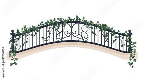 A decorative wrought iron bridge adorned with lush green ivy, perfect for romantic or fairytale scenes