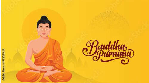 Buddha Purnima Banner With Meditating Buddha And Warm Yellow Spiritual Background