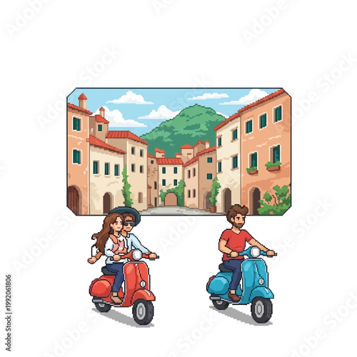 二人の若者がバイクに乗っている様子と、背景にはイタリア風の街並みが広がっている。