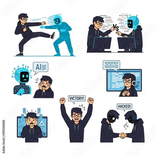人間とロボット、コンピュータ間の対話と対決を描いたイラスト。勝利とハッキングの瞬間も表現されている。