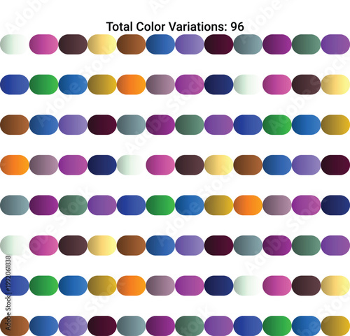 Set of 96 colorful rounded rectangular buttons isolated on a transparent background