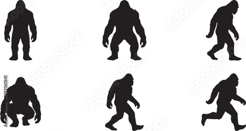 Six silhouette bigfoot figures in various poses with abominable snowman sasquatch creature mythical