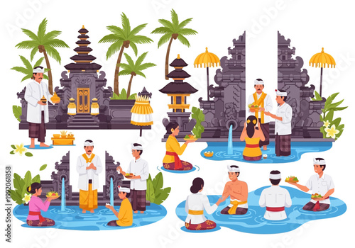 伝統的なバリ島の水祭りの儀式を行う人々と寺院の風景を描いたイラストです。