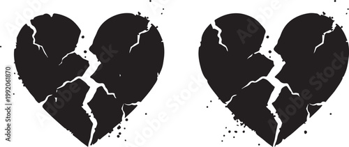 Two black silhouette broken heart symbols with splatter effect heartbreak separation silhouette negative