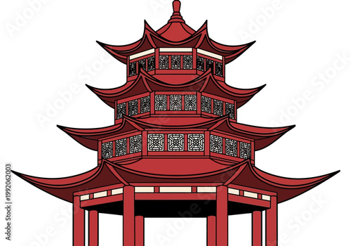 伝統的な中国風の多層の塔で、赤い屋根と装飾的な窓が特徴的な建築物です。