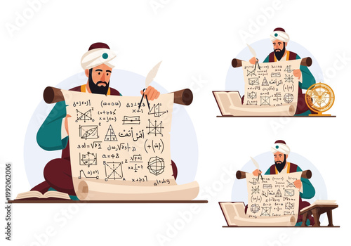 伝統的な学者が巻物に数学や天文学の図表を書き写している様子を描いたイラストです。