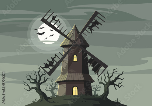 古びた風車と枯れた木々が描かれた、夜のホラー風景。満月と飛ぶコウモリが不気味さを増している。