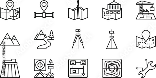Land Surveying and Civil Engineering Icon Set with Topography Map Geodetic Tripod Construction Crane and Infrastructure Planning Symbols in Outline Style