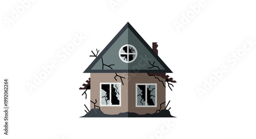 古びて壊れた家の外観で、窓や屋根にひび割れや破損が見られる。