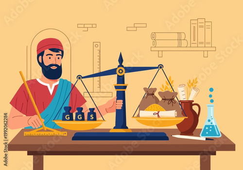 古代の学者が天秤を使い、科学的な実験や研究を行っている様子を描いている。
