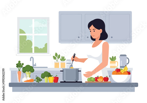 台所で料理をしている妊婦の女性。多くの野菜と果物がテーブルに置かれている。