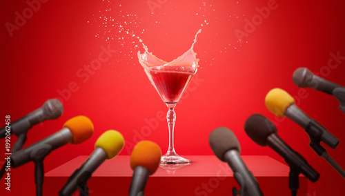 Red cocktail glass splashing on stage surrounded by multiple microphones against red background. Concept of product showcase, live presentation, beverage promotion, brand performance.