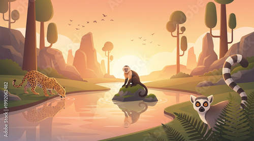Photography Wild animals in a tropical jungle river landscape at sunset with landscape wildl