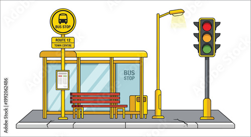 A colorful illustration depicts a bus stop with a traffic light