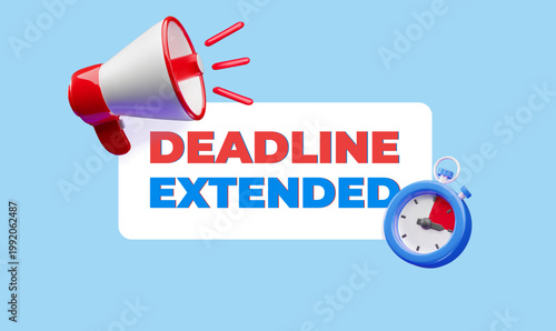 A 3D banner with the text "Deadline Extended," a megaphone, and a stopwatch on a blue background.