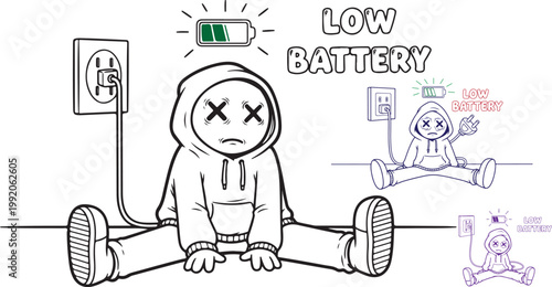 Tired person sitting on the floor feeling exhausted while connected to an electrical outlet with a low battery symbol floating above their head in illustration on transparent background
