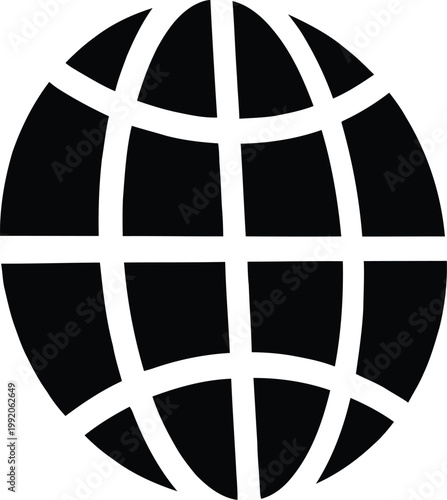 Solid Black Globe Icon Representing World Map Grid for Global Connectivity International Communications and Worldwide Network Concept