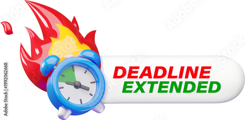 Burning alarm clock with Deadline extended lettering 3d cartoon plastic style vector icon, time management concept