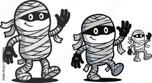 Animated cartoon mummy character walking and waving hello with a friendly smile on transparent background