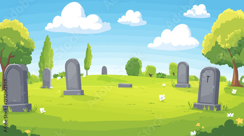 A cartoon depiction of a graveyard, with headstones, trees, flowers, and a blue sky